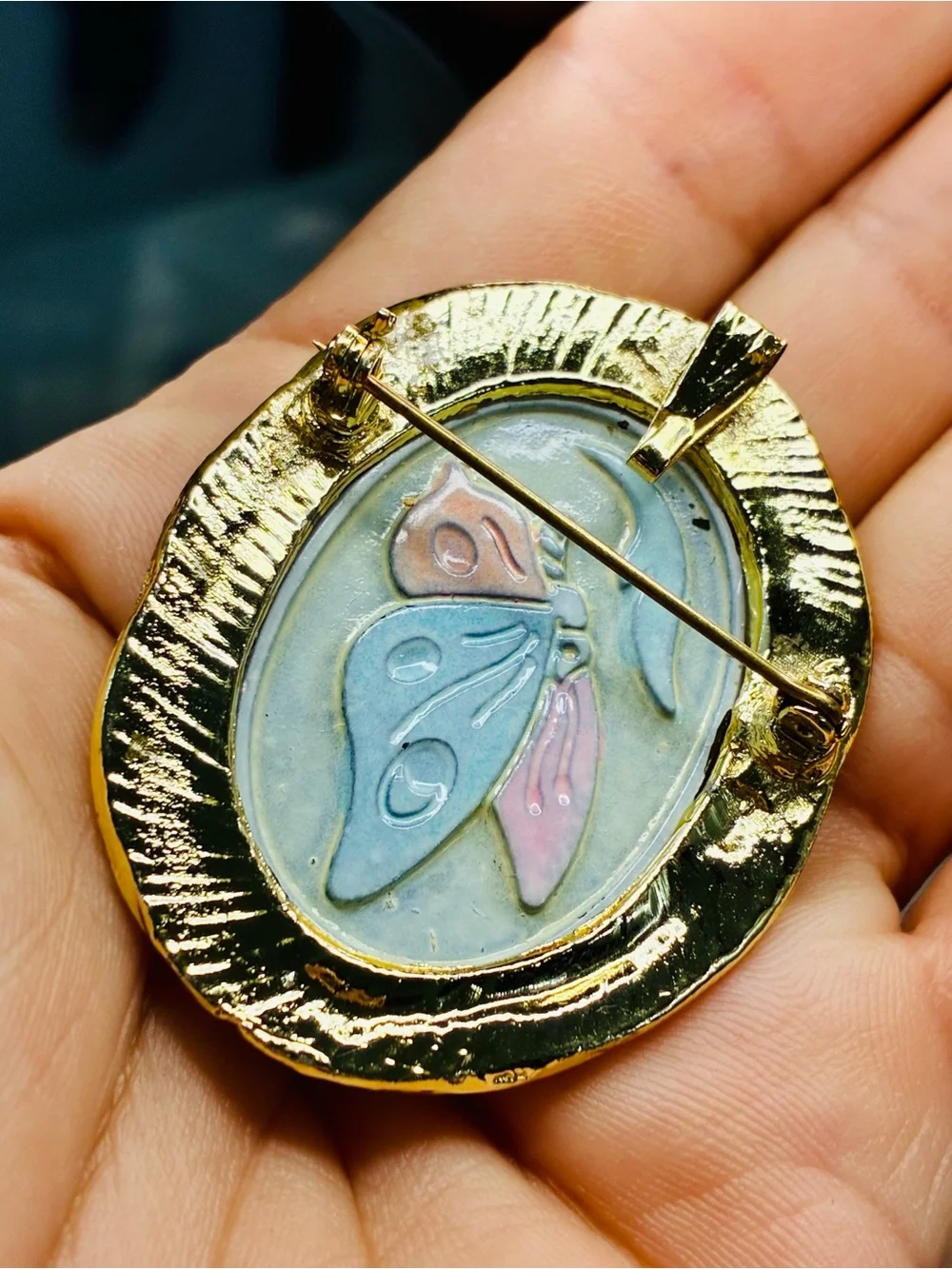 Colorful Butterfly Pendant Brooch in Gold-Tone Frame Unusual Eclectic EUC